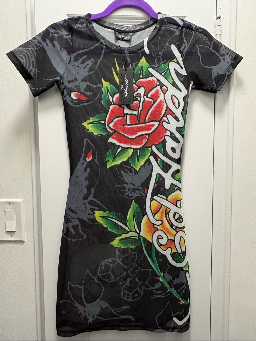 Ed Hardy Black Mesh Swim Dress with Red Rose & Green Leaves